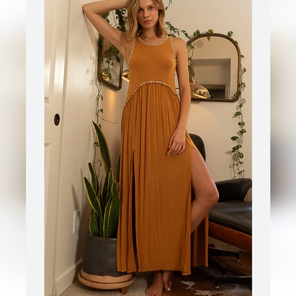 FP style Bohemian Festival Vintage Mustard lace maxi dress Small - Picture 1 of 16